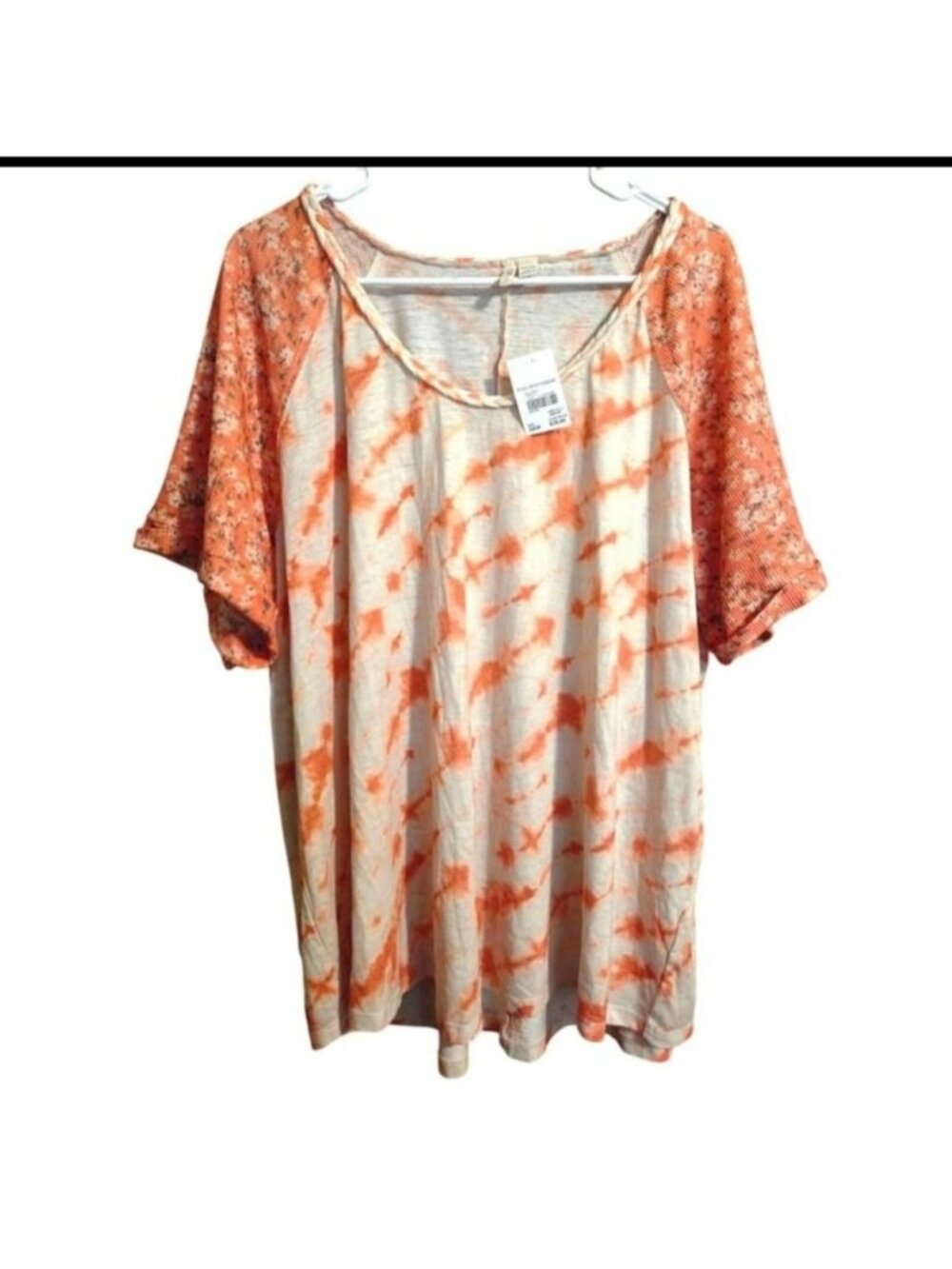 Orange & White Tie-Dye Plus Size Top With Floral Sleeves Size 22/24 Lightweight